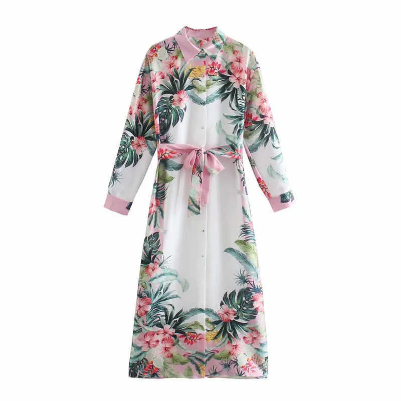 Za Tropical Print Langes Hemdkleid Frauen Langarm Retro Gürtel Sommerkleider Weibliche Button Up Seitenschlitz Partykleid 210602