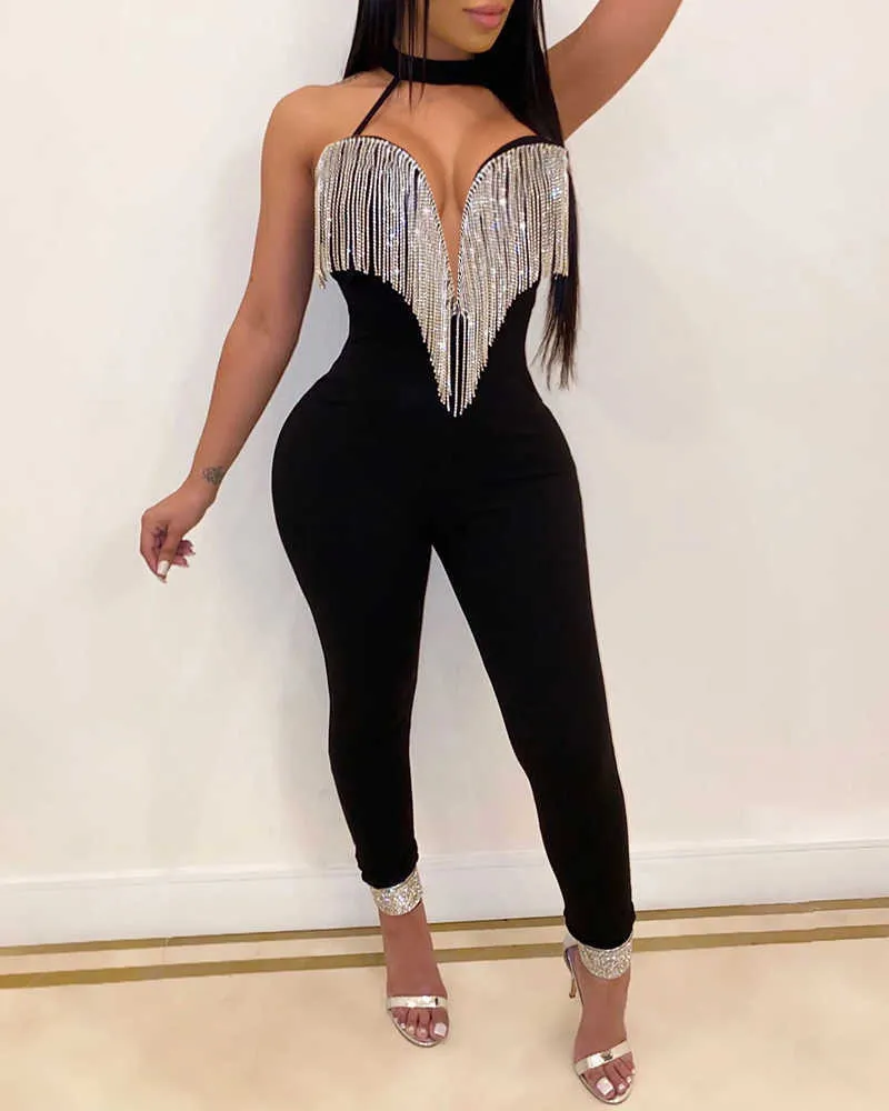 Kvinnor Sexig Klubb Slitage Halter Choker Ärmlös Tass Design Jumpsuits Zipper Up Back Plus Size Oversized Jumpsuit 210716