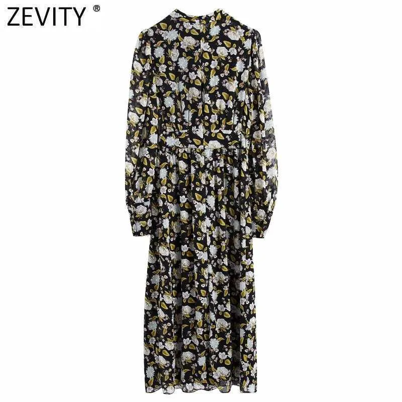 Zevity Women Vintage Stand Collar Flower Print Casual Slim Midi Dress Female Puff Sleeve Pleats Party A Line Vestido DS4670 210603