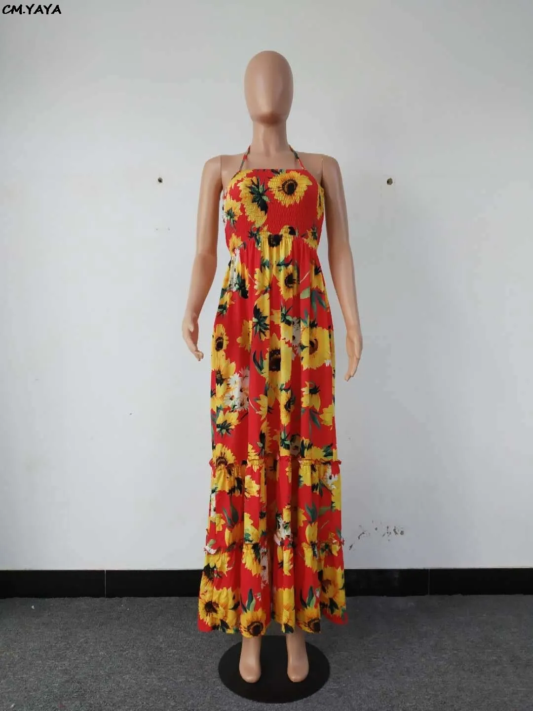 nouvelles femmes été tournesol imprimé hatler cou sans manches grande balançoire maxi robe vintage mode robes longues robe GlSMN3087 210302