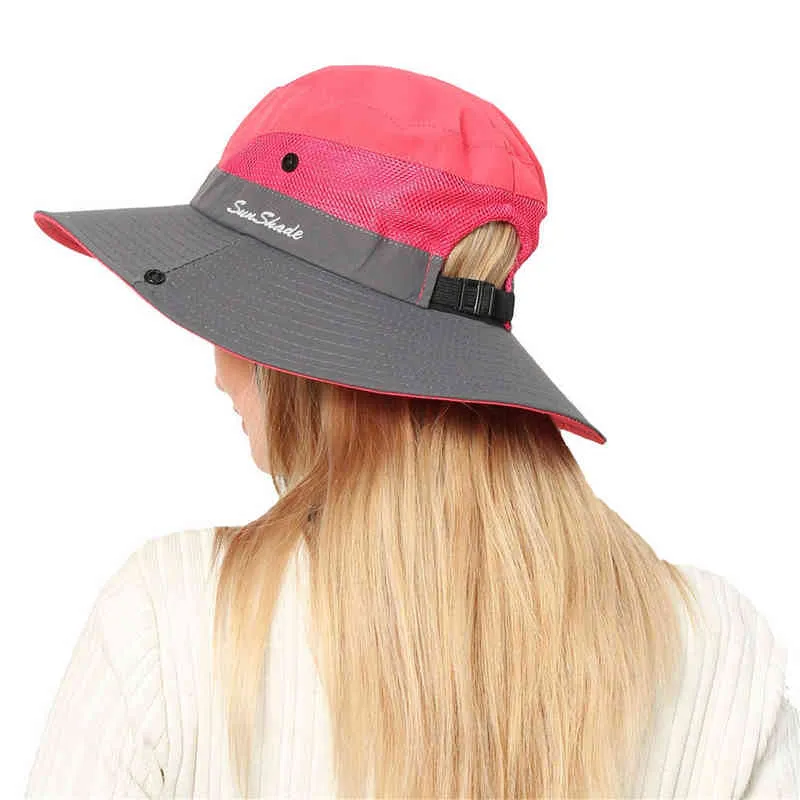 2021 Bayan UV Koruma Geniş Güneş Şapkaları Yüksek Kalite Soğutma Örgü Kuyruk Delik Kap Katlanabilir Şapka Rahat Günlük Moda Güneş Şapkaları G220311