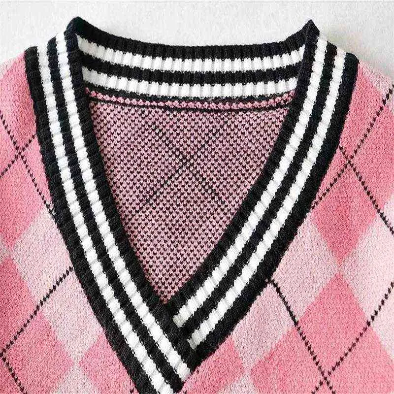 Insgot Y2K Crop Top Argyle Bluza Harajuku Sexy V Neck Sweter Sweter Preppy Style Plaid Dzianiny Pulower Ubrania Jesienne Y1110