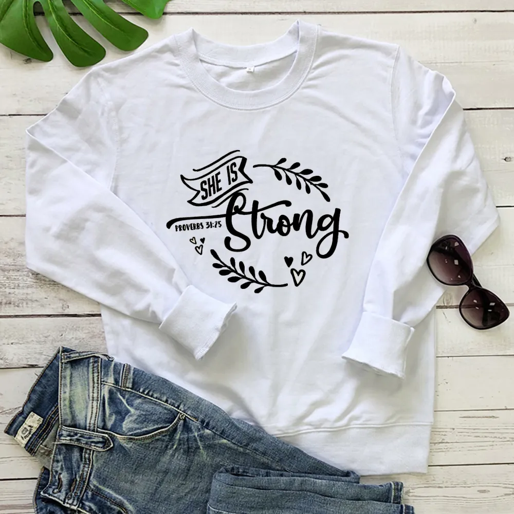 She Is Strong Graphic sweatshirt Women Streetwear Aesthetic Religion Christian Jesus Faith hoodies Cotton 80 Girl Tops Drop Ship T200525