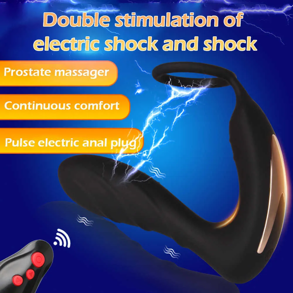 Elektroschock Männliches Prostata-Massagegerät Double Penetration Anal Plug Dildo Vibrator für Männer Butt Plug Anal Erwachsene Sexspielzeug für Männer X0602