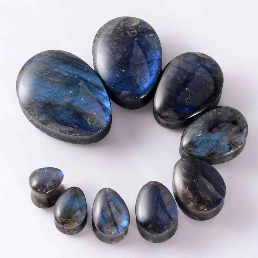 Natural Labradorite Stone WaterDrop Double Solid Flared Plug Round Gauge Oval Ear Expander Body Piercing Jewelry