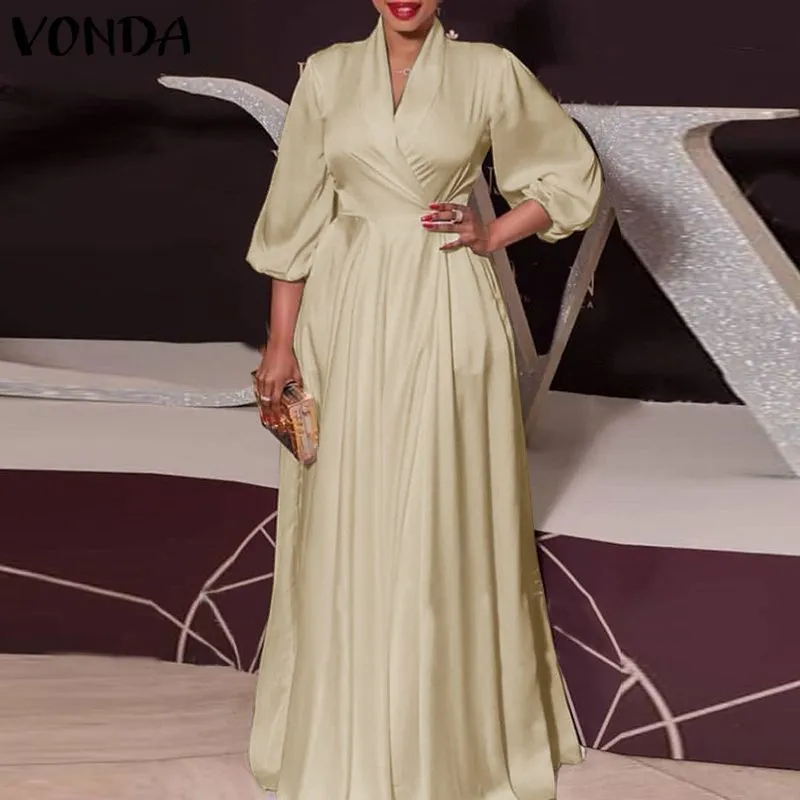 VONDA Sommer Lange Maxi Party Kleid 2021 VONDA Sexy V-ausschnitt Langarm Solide Kleider Plus Größe Böhmischen Vestidos Femme sommerkleid X0521