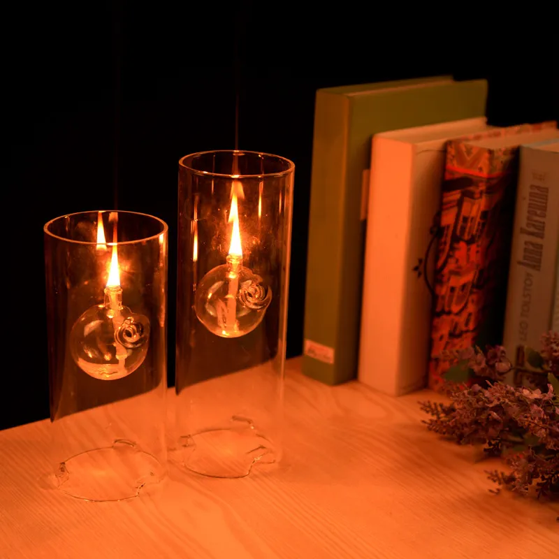 Europeisk romantisk glasolja lampa handcraft cylinder ljushållare kreativ rökfri middag stearinljus bröllop present hem inredning 210310