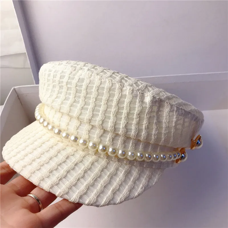 Pearl Chain Berets White Black Winter Ciepły Faux Fur Lady Ośmiokątne Kapelusz Kobiety Leisure Daszek Czapki