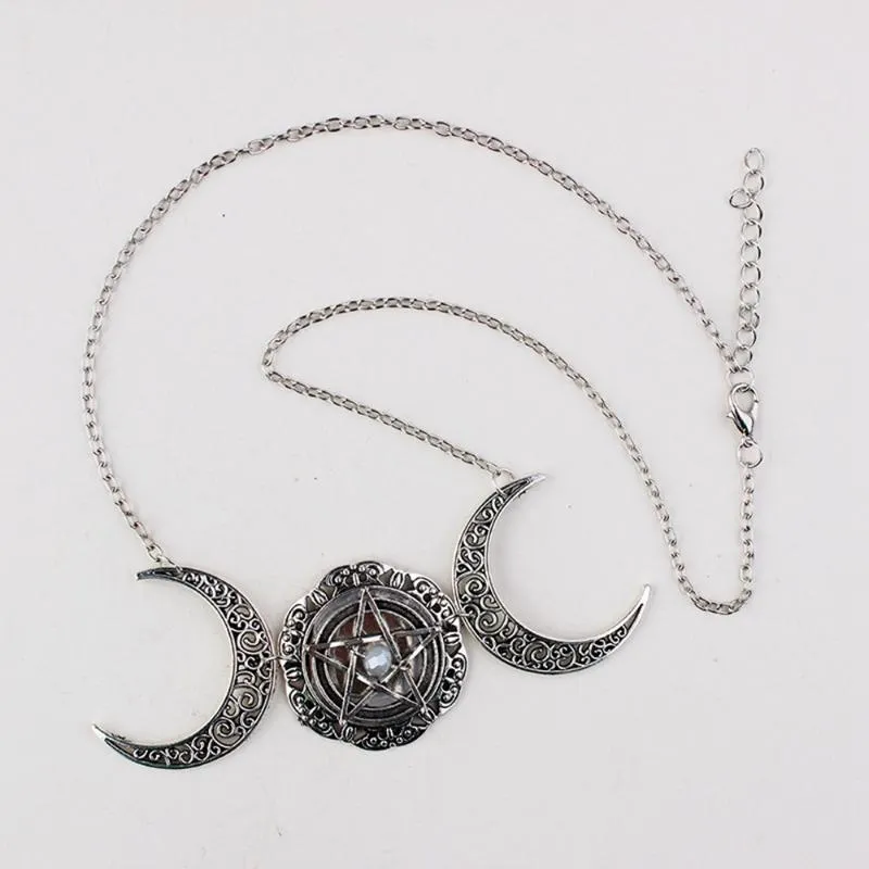 Women Crystal Triple Moon Necklace Goddess Pentakel Choker Pagan Jewelry Fashion Pentagram Pendant 2021New292n