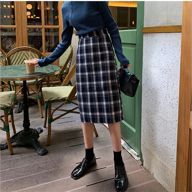 Elegant plaid Women Long Skirts Autumn Plus Size Pencil Long Lady Skirt Female Vintage Warm Wool Midi Skirts Femme Faldas Muje 210306