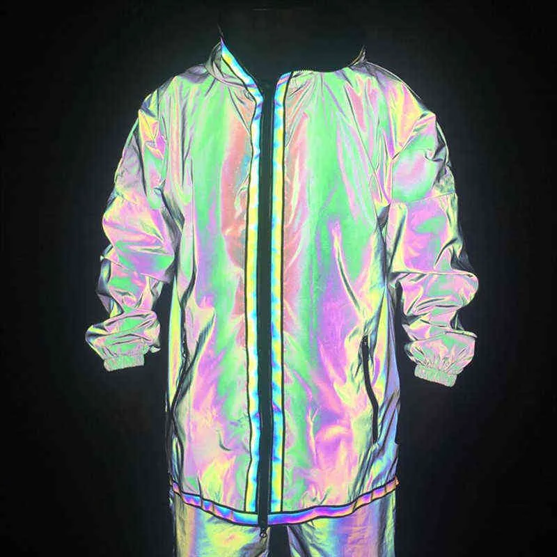 Män Höstnatt Färgglada Full Reflekterande Hooded Jacket Lång Sektion Krökt Hem Hip Hop Loose Windbreaker Vattentät Coats 211217