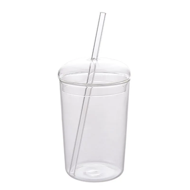 Muggar 460 ml Värmebeständigt glaskopp Transparent kaffemugg med Lidstraw Home Milk Juice Flower TEA TREVEL248G