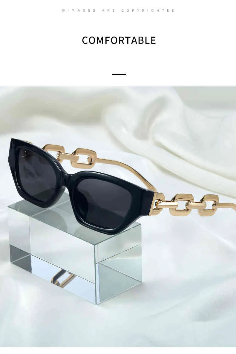 Funky Small Frame Chain Leg Solglasögon 2021 Varumärkesskärmar för kvinnor robusta och eleganta oregelbundna svarta rektangel Sun Glasses Luxe14222L