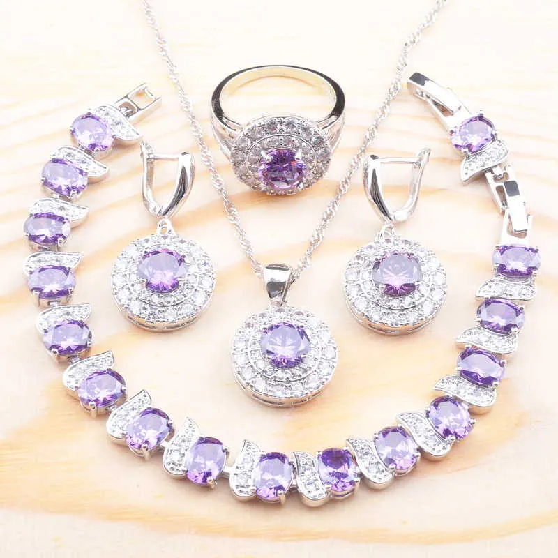 Verbazingwekkende paars kristal verzilverde sieraden set voor vrouwen met armband ketting hanger oorbellen ring H1022