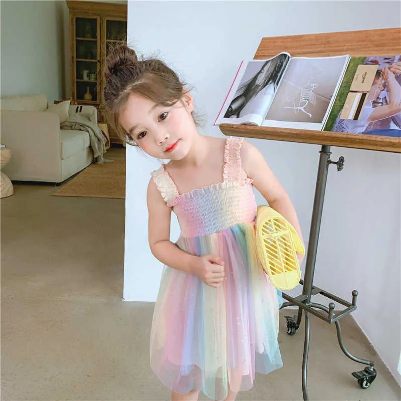夏の女の子のドレスメッシュパーティースリングふわふわの妖精の甘い王女のドレス幼児2-6Y 210611
