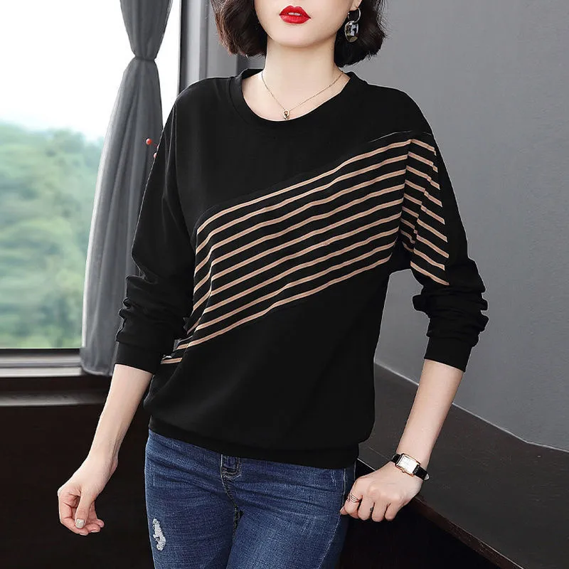 O Neck T Shirt Woman Autumn Long Sleeve Plus Size T-shirt Loose Korean Style Oversized Striped Women s 220226