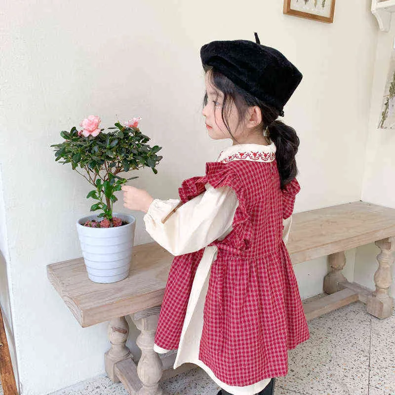 2021 Wiosna Nowy Koreański Styl Baby Girls Plaid Smock Haft Koszule 2 sztuk Suknie Zestawy Maluch Dzieci Księżniczka Dress G1218