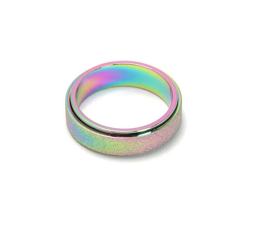 Roterbar spinnband ring för kvinnor ångestlindring 6mm rostfritt stål sand blast glitter finish rose guld silver regnbåge färg fidget ring förbud