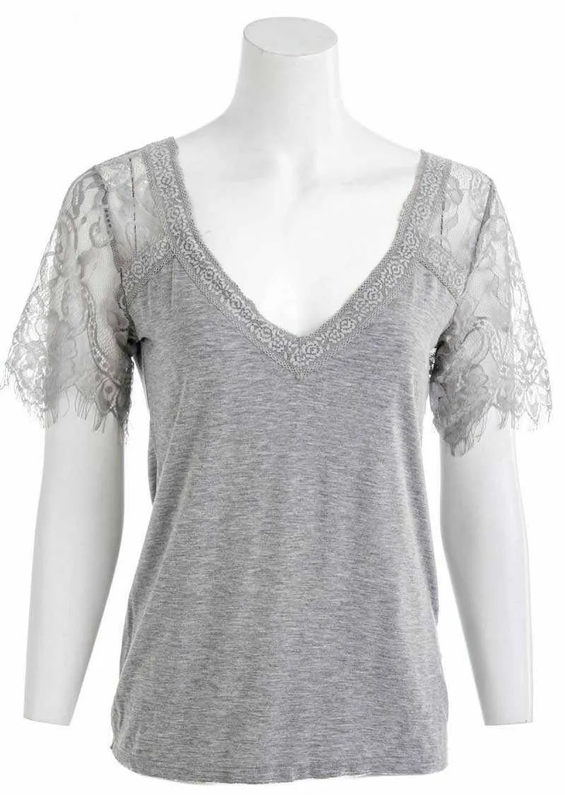 T-shirt da donna con scollo a V profondo in pizzo ispirato a Boho T-shirt da donna in cotone con maniche in pizzo trasparente T-shirt da donna sexy a maniche corte taglie forti X0628