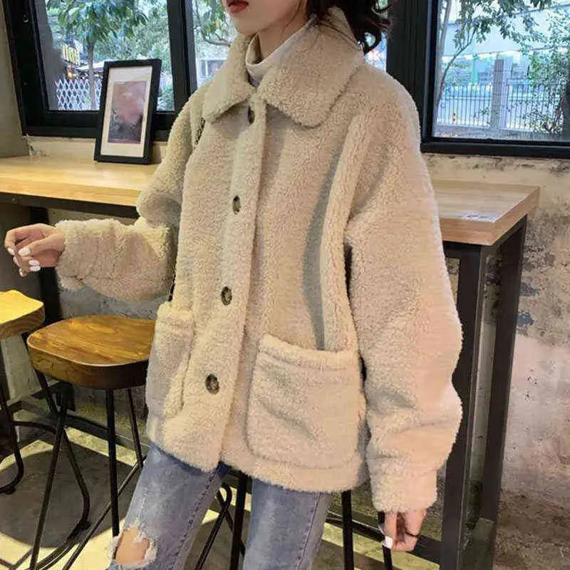 Lucyever automne hiver manteau de laine d'agneau femmes coréen col rabattu Teddy pardessus femme Harajuku chaud fausse fourrure vestes vêtements d'extérieur 211122