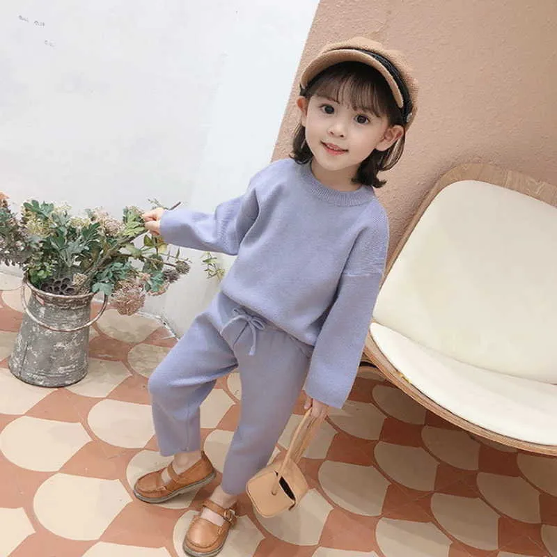 Wiosna Koreański Styl Baby Girl 2-PCS Zestawy Sweter Solidny Kolor Długie Rękawy Top + Elastyczna Talia Spodnie Dzieci Ubrania E2082 210610