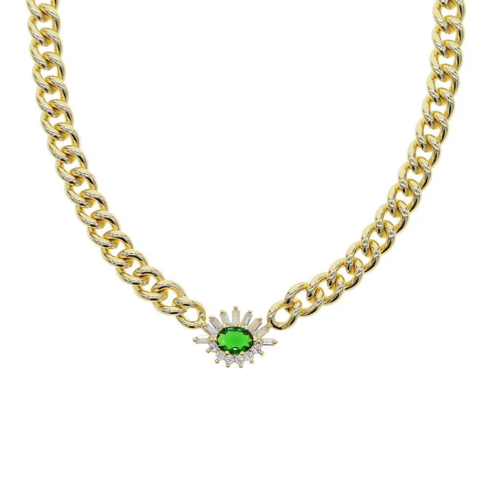 Women's Heavy Cuban Collar, Trumpet Collar, Green Cubic Zircon, Cz Q0809