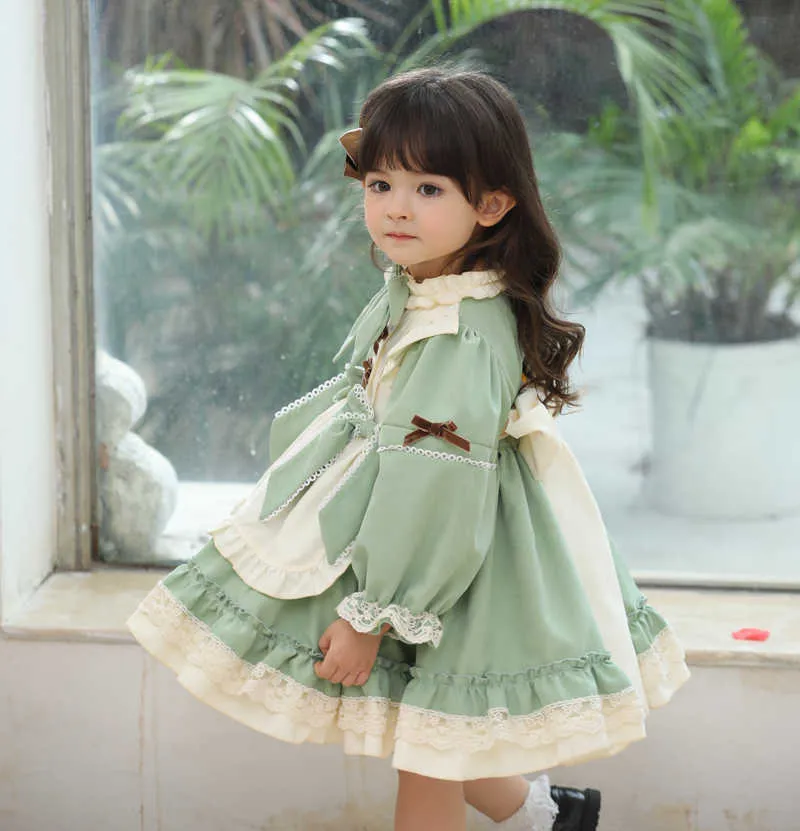 1 2 3 4 5 6 ans Robe de filles pour Noël 2020 Enfants Filles Manches longues Princesse Vintage Vert Lolita Tablier Robe Hiver Automne Q0716