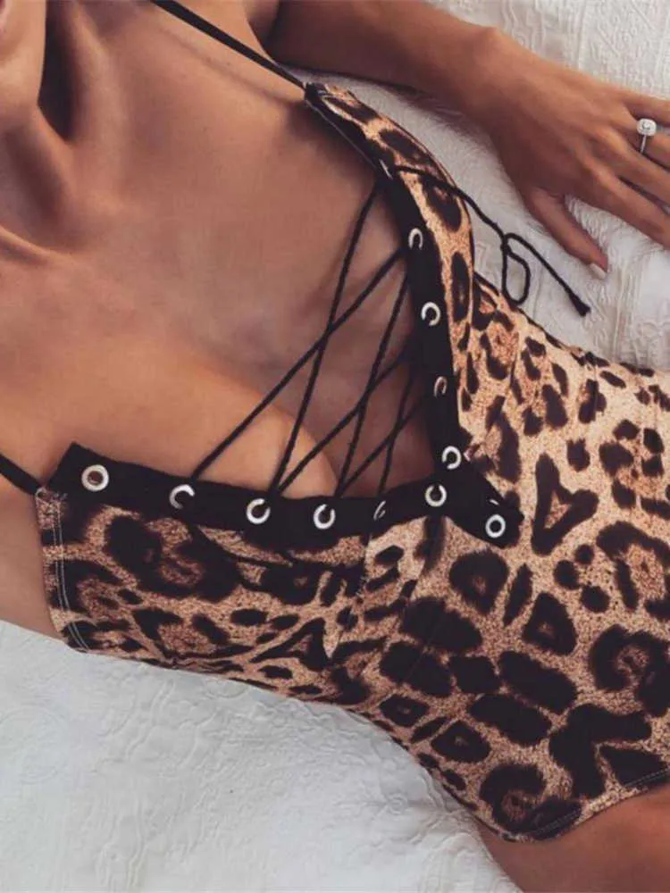 Summer Trendy Women Deep V Neck Spaghetti Strap Leopard Print Lace Up Tuta femminile Sexy Body Body Top Tute intere Y0927
