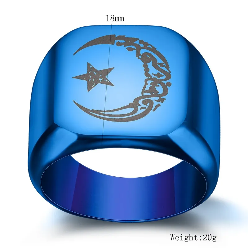 Muslim Lesser Bairam Star and Moon Ring Band Gold Blue Black Rostfri Signet Rings for Men Fashion Jewelry Will and Sandy