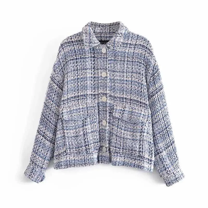 ZA Women Fashion Overshirts Checked Jacket Tweed Coat Vintage Female Outerwear Chic Tops And High Waisted Shorts 210602