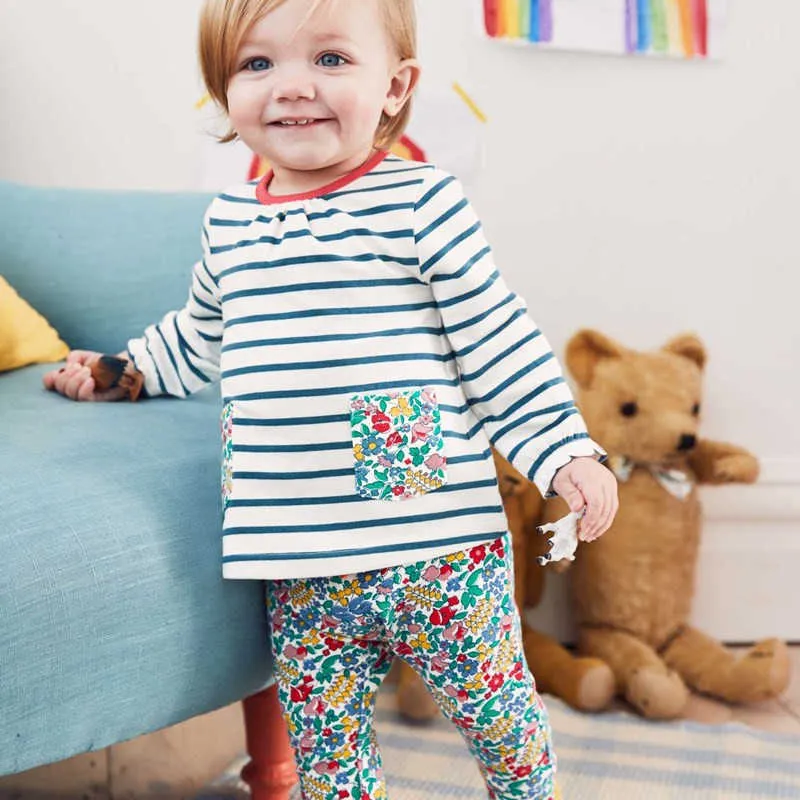 Hoppmätare Flickor Bomull Floral Långärmad Kläder Satser Stripe Baby Outfits för höst Spring Kids Flower Toddler Suits 210529