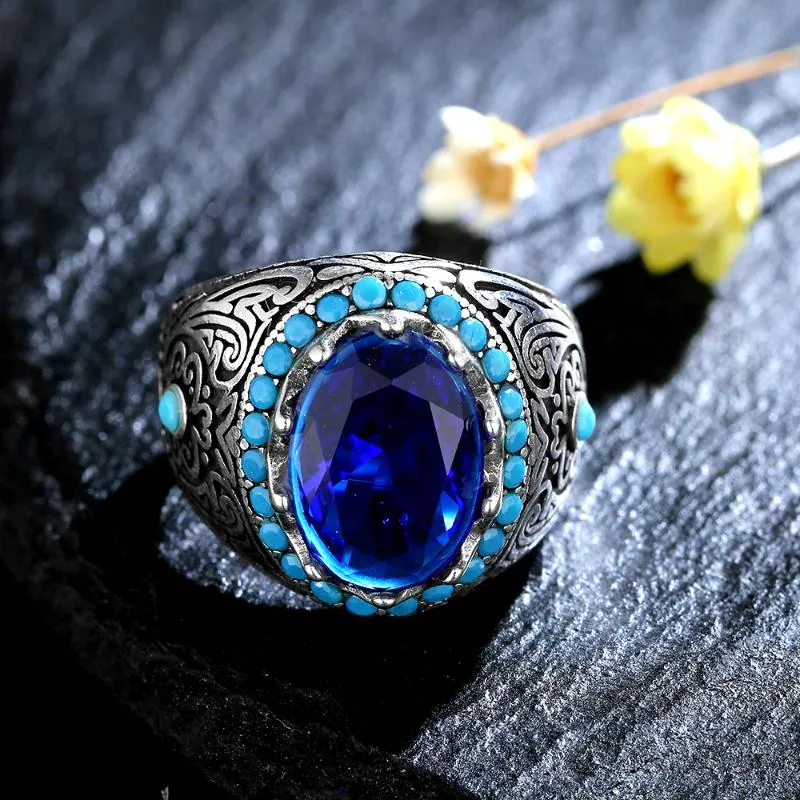 Cluster Rings 925 Sterling Silver Ring Luxury Sapphire Dark Blue Zircon Stone For Men Women Gemstone Fine Jewelry Gift270j