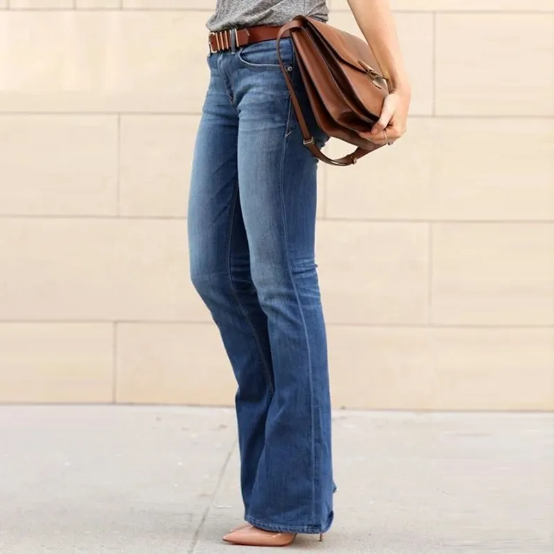 Pojkvän jeans tjejer elastisk midja smal passform elegant kvinnlig denim byxor bell botten y2k vintage streetwear flared byxa 220310