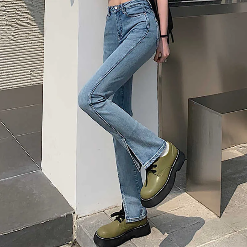 Yitimuceng Wide Leg Jeans for Women Skinny Split Pants Flared Denim Pants High Waist Full Length Trousers Streetwear 210601