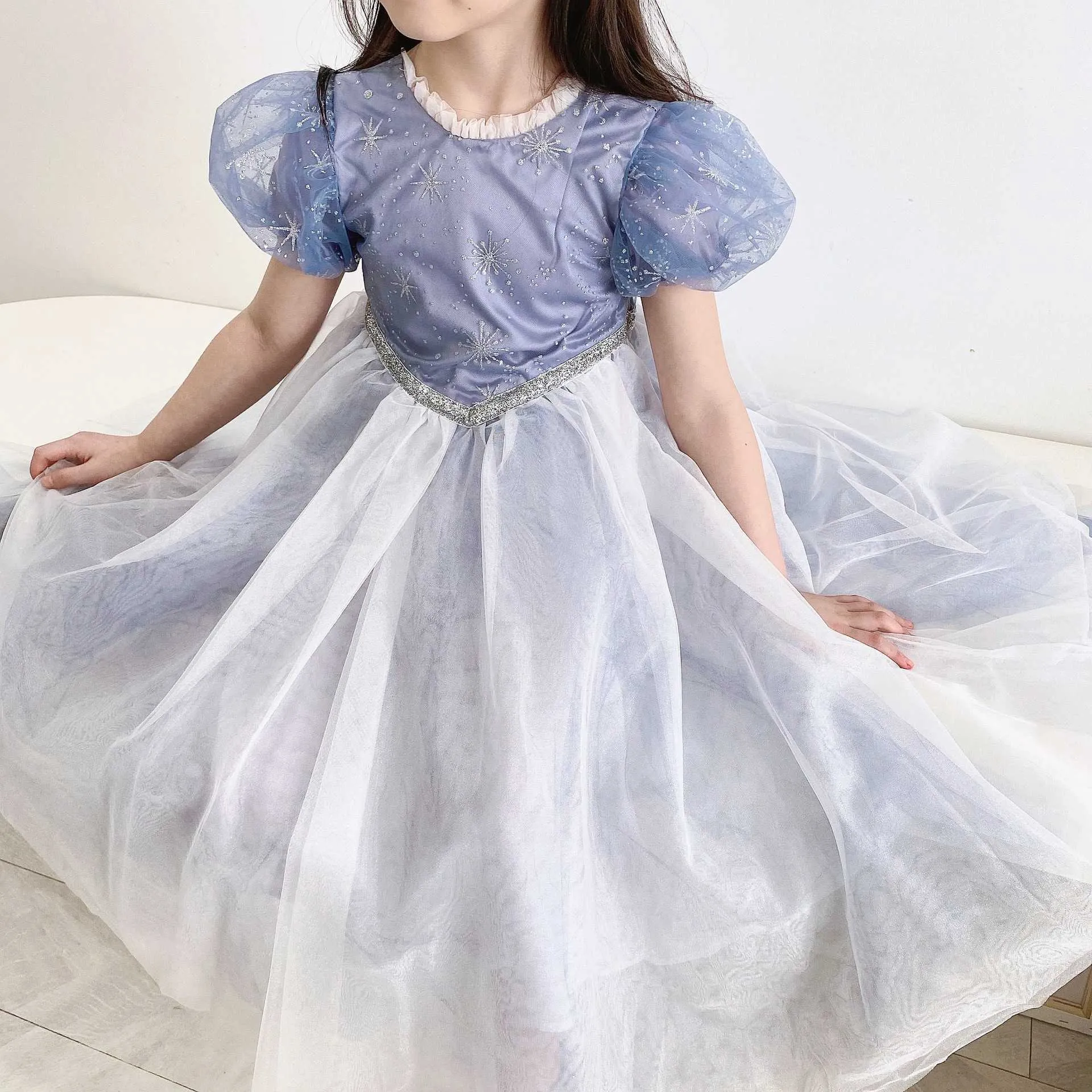 Princess Girls Dress Snowflakes Ice Blue Tulle with Bows Lovely Children Lolita Party Gown Cltohing 210529