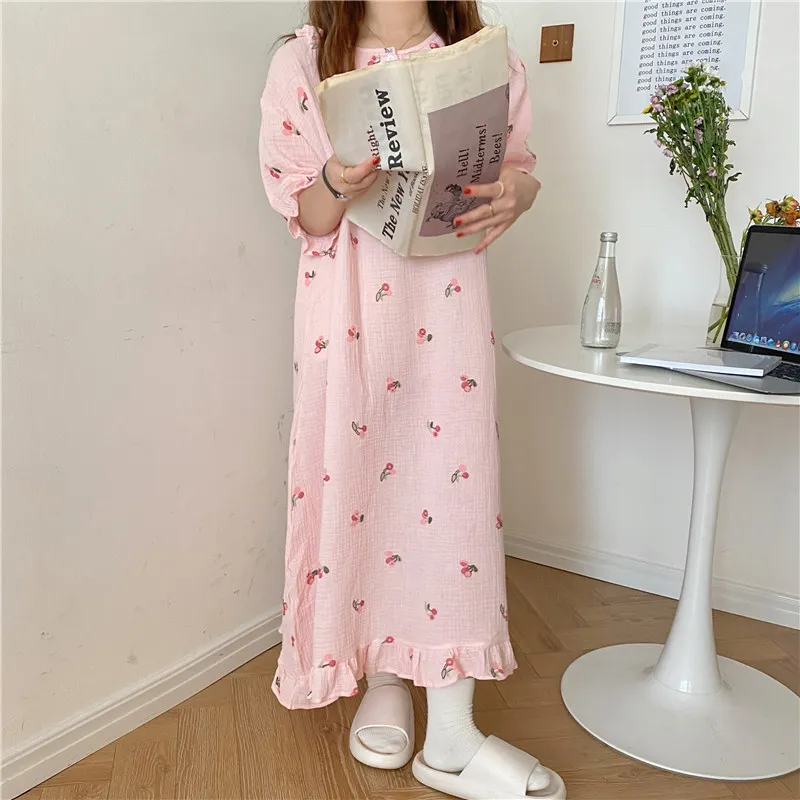 夏のドレス長い刺繍パジャマ甘いナイトドレス印刷シックなカジュアルホームウェアルース2ピーススーツセット210525