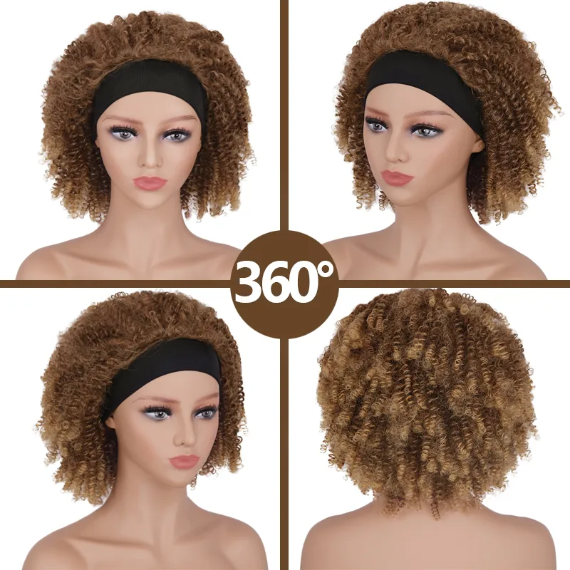 Siyah kadınlar için kafa bandı peruğu sentetik afro kinky kıvırcık peruklar kısa kabarık kahverengi peruk Günlük useFactory Direc5617661 için ısıya dayanıklı saç
