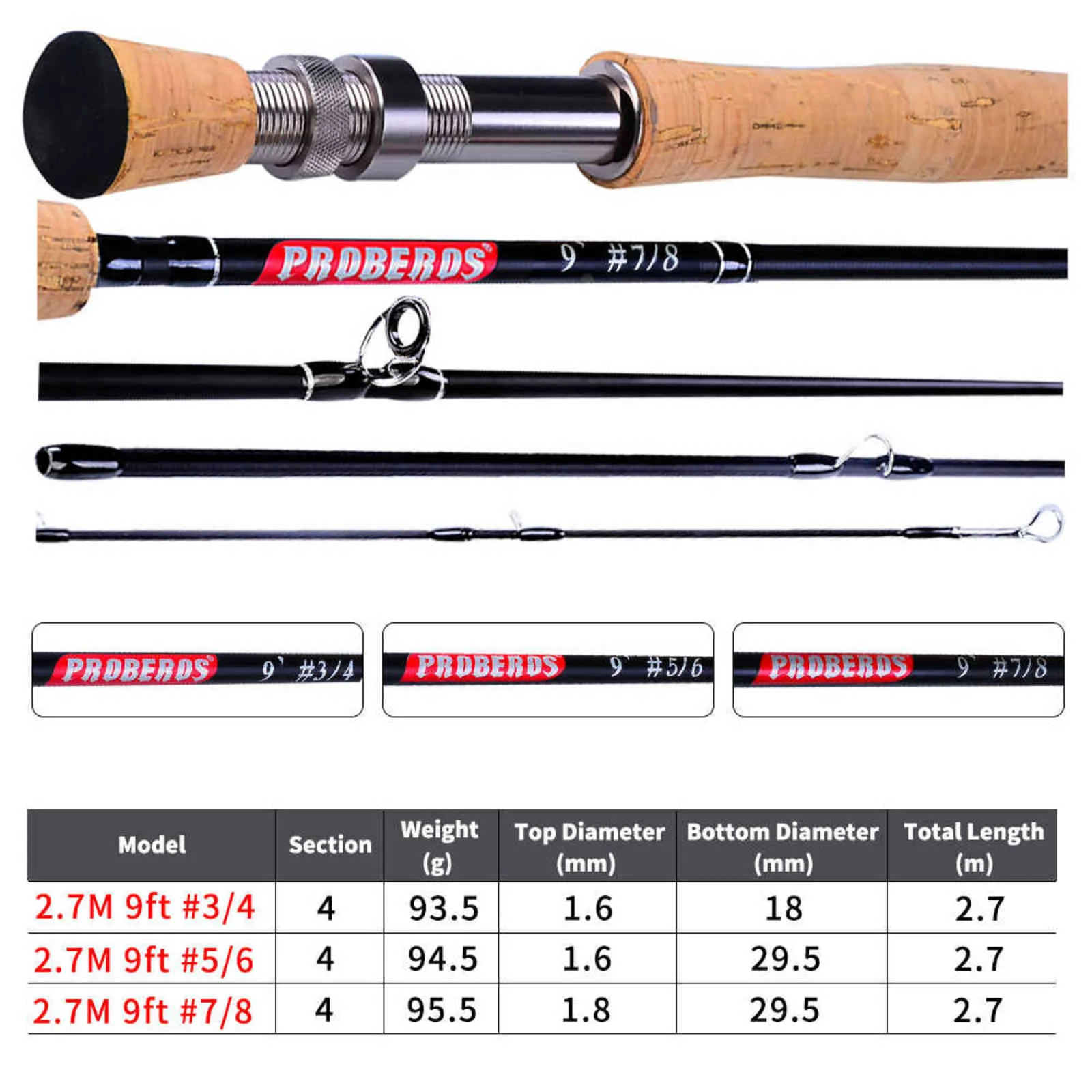 PROBEROS Fliegenfischerrute 7FT9FT 21M27M 4 Abschnitte Schnur WT 34 56 78 Soft Cork Handle Tackle 2111189342997