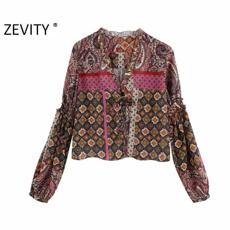 Zevity Kvinnor Vintage Paisley Flower Print Casual Smock Chic Blouse Ladies V Neck Agaric Lace Roupas Femininas T Shirts Tops LS6988 210603