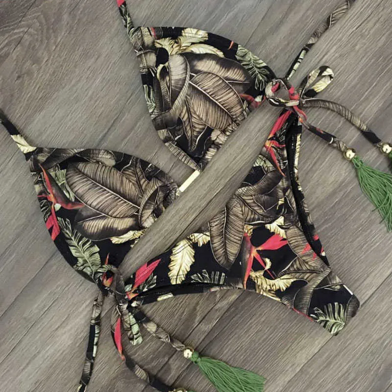 String bikini lämna Skriv ut Brasilianska Badkläder Kvinnor Sexig Halter Micro Baddräkt Thong Badkläder Mini Biquini 210722