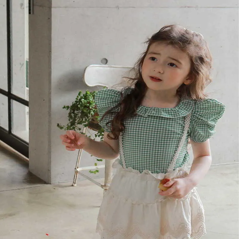 Style coréen été adolescents filles T-Shirt à carreaux manches courtes dos ouvert Blouses doux enfants vêtements E613 210610