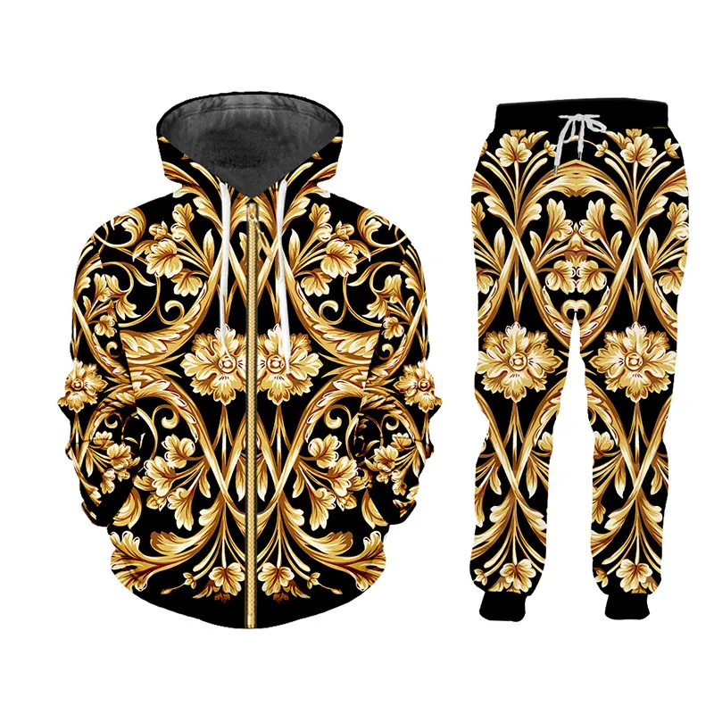 UJWI Marke 3D-Druck Männer Zweiteiler Set Gold Blume Luxus Royal Barock Trainingsanzug Jacke Sweatsuit Sweatshirt Hoodies Sport 201210