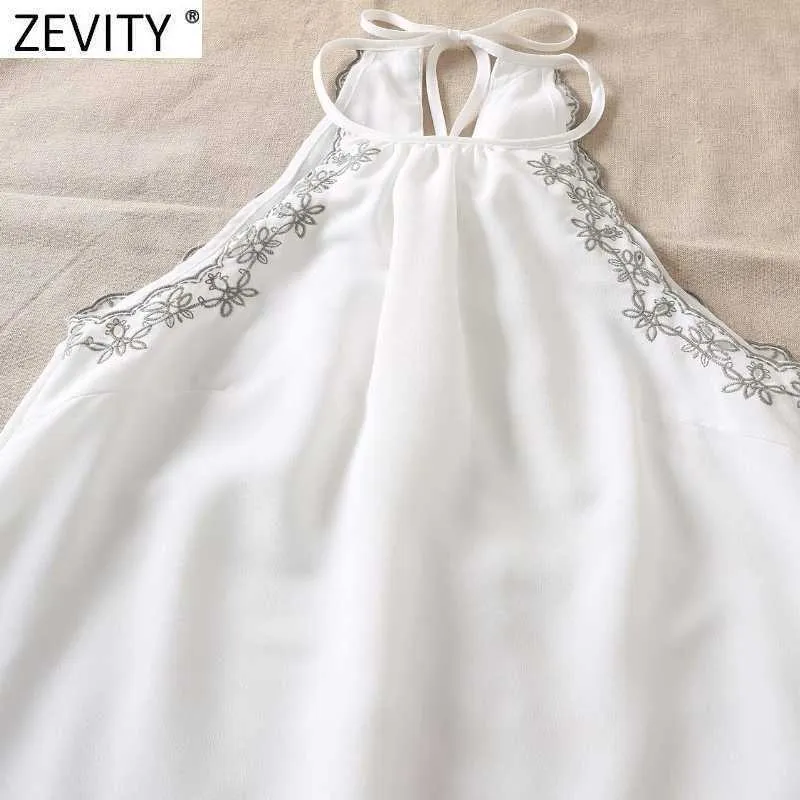 Zevity kvinnor mode kant broderi vit halter klänning kvinnlig chic ärmlös spets upp strand stil en linje sommar vestido ds8201 210603