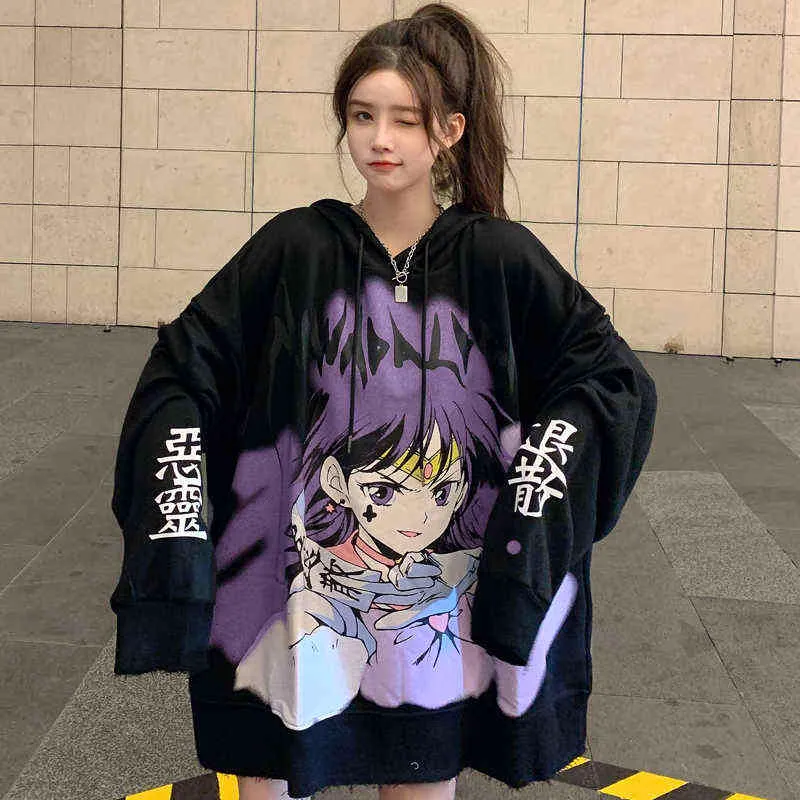 2020 Winter Streetwear Japanische Niedliche Mädchen Cartoon Mit Kapuze Jacke Frauen Langarm Übergroßen Frauen Sweatshirt Top Y1118