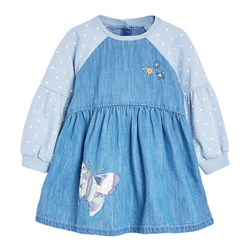 Kleider für Babys Marke Herbstkleidung Baumwolle Schmetterling Applikation Kleinkind Denim Kontrastfarbe Punktkleid für Kinder 2-7 Jahre Q0716