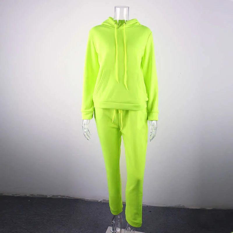 OMSJ Neon Green Solid Trainingsanzug Frauen 2 Stück Sets Casual Outfit Hosen Set Anzug Langarm Kleidung Set Streetwear Femme 210709