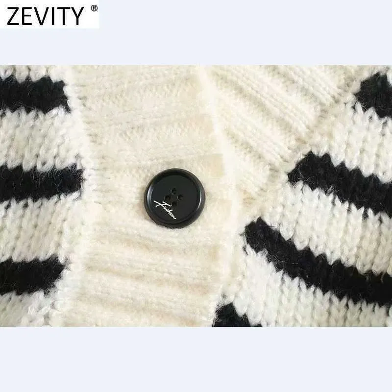 Zevity Women Vintage V Neck Striped Cardigan Knitting Sweater Ladies Chic Batwing Sleeve Button Casual Loose Retro Tops S555 210603