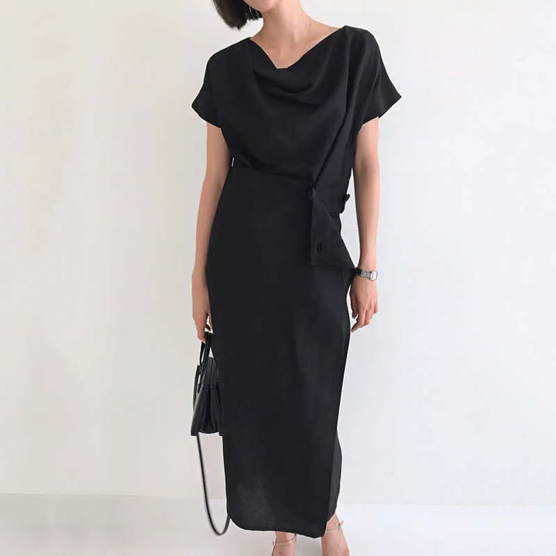 Korejpaa Frauen Kleid Sommer Französisch Elegante Pile Kragen Design Sinn Drei-Taste Taille Unregelmäßige Kurzarm Wrap Vestido 210526