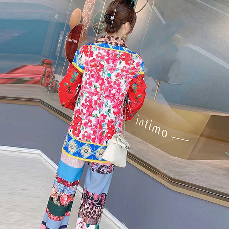 Runway Fashion Wiosna Dwuczęściowe Outfit Kobiety Elegancki Vintage Leopard Drukuj Luźna Koszula I Szeroki Spodnie Nod Goście Zestaw biurowy 210601