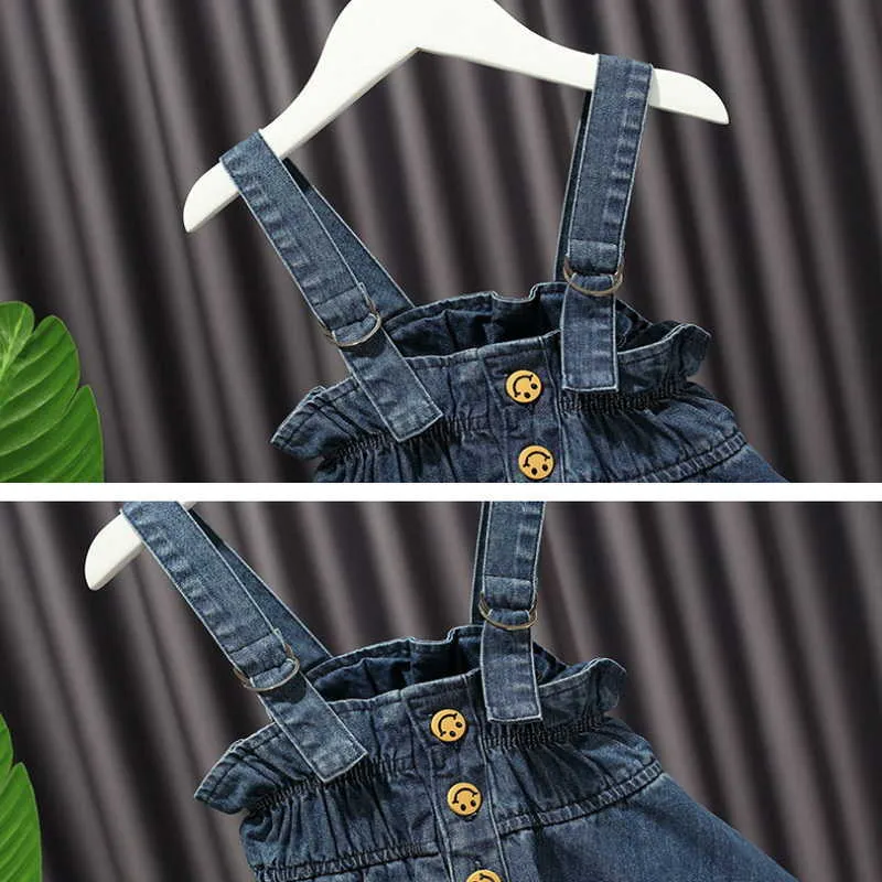 Spring Kids Girls 2-PCs Sets Vit Långärmade Snörningar + Sling Denim Skirt Gullig stil Barnkläder E1135 210610